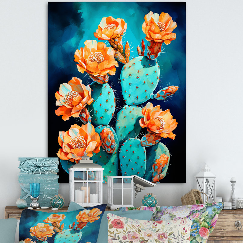 Cactus bleu et bronze brossé sur toile, Toile tendue, H 32 po x l 16 po x P 1 po