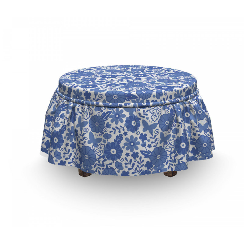 Housse pour repose-pieds floral bleu faïence doodle