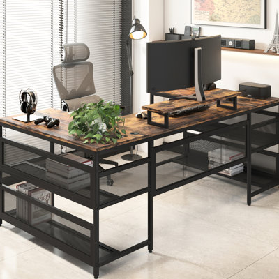 Bureau de jeu en U avec lumières DEL et prises de courant, bureau d'ordinateur en L rétro avec support pour moniteur et tablettes de rangement, poste de travail de bureau à domicile pour la chambre à coucher