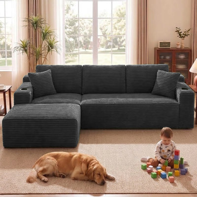 105"Boneless Cloud Couch, Compression L‑Shape Sectional Sofa with Movable Ottoman, Side Pockets & Cup Holders, Corduroy Upholstered No Assembly Sofa for Living Room