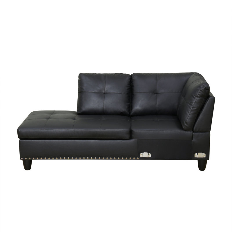 Plyler 97.2" Wide Modular Sectional with Ottoman, Black Faux Leather, Left Hand Facing