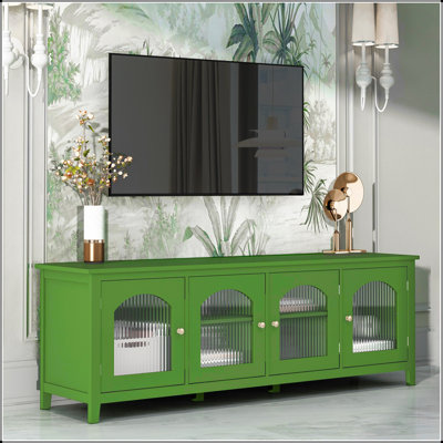 Meuble télé élégant de 71 pouces, meuble télé pour centre de divertissement, table télé, console multimédia, cadre en bois massif, porte en verre Changhong, poignée en métal, vert antique, pour la chambre d'enfant, le salon de la chambre à coucher
