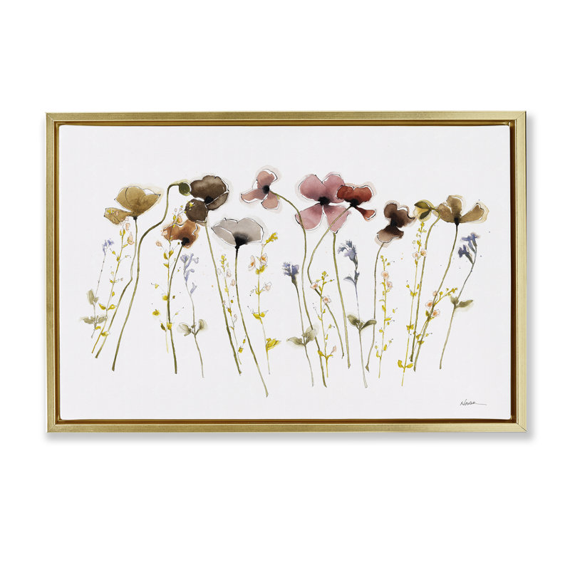 Toile flottante encadrée "Spring Poppy Sprig" par Shirley Novak, Cadre flottant métallique doré, H 17 po x l 25 po