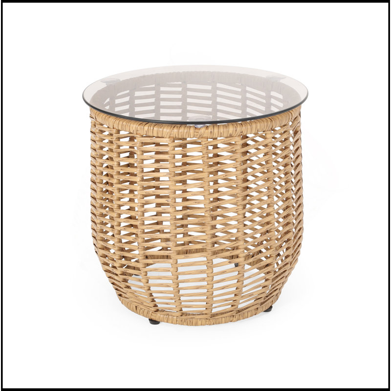 Table d'appoint Arias en rotin résistant aux intempéries avec plateau en verre trempé pour une utilisation extérieure et un décor élégant