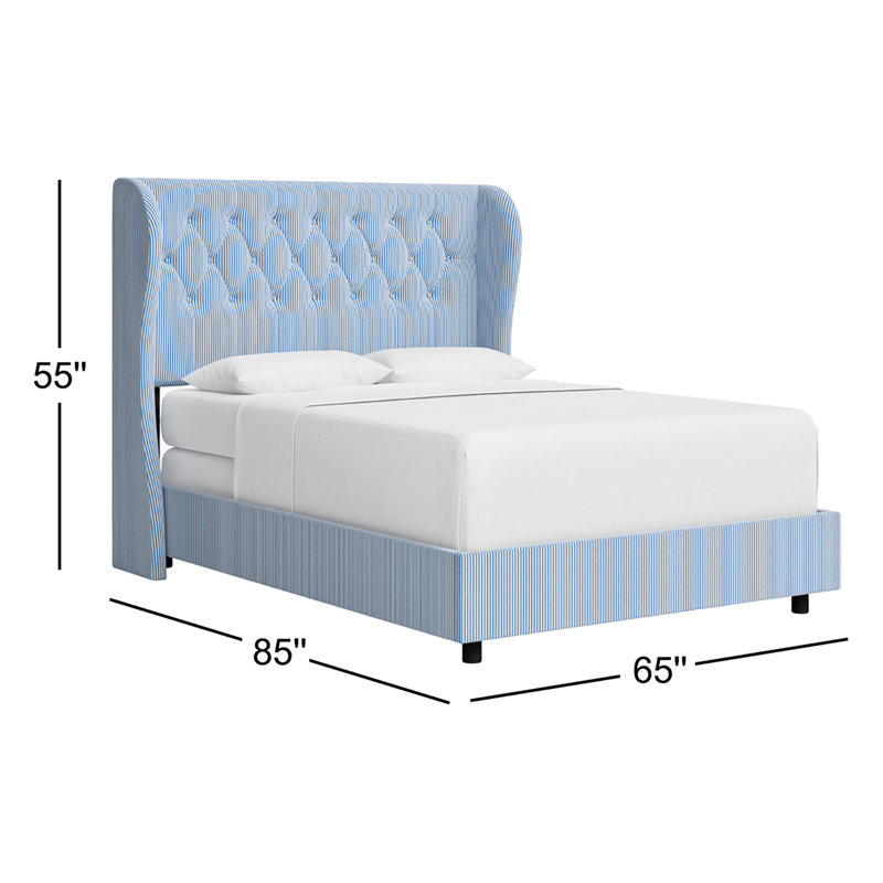 Tomey Upholstered Wingback Bed, Queen, Prep Stripe Blue