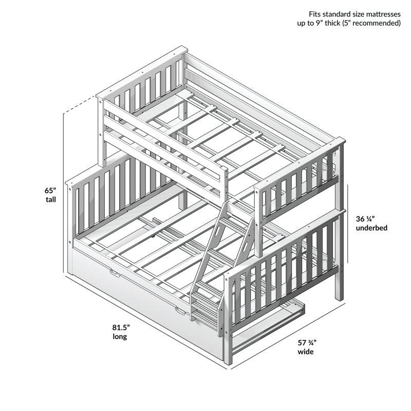 Bolles Kids Bunk Bed with Trundle, Gray, Twin over Twin