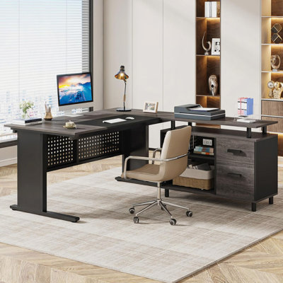63" L-Shaped Executive Desk with File Cabinet, Large Modern Office Desk with Drawers, Shelves & Storage, Corner Computer Workstation for Home Office,