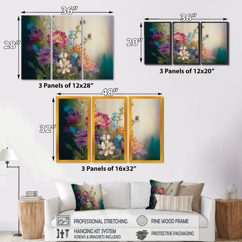 «Painted Blossoming Wildflowers III», 3 impressions sur toile tendue, Naturel, H 32 po x l 48 po x P 1 po