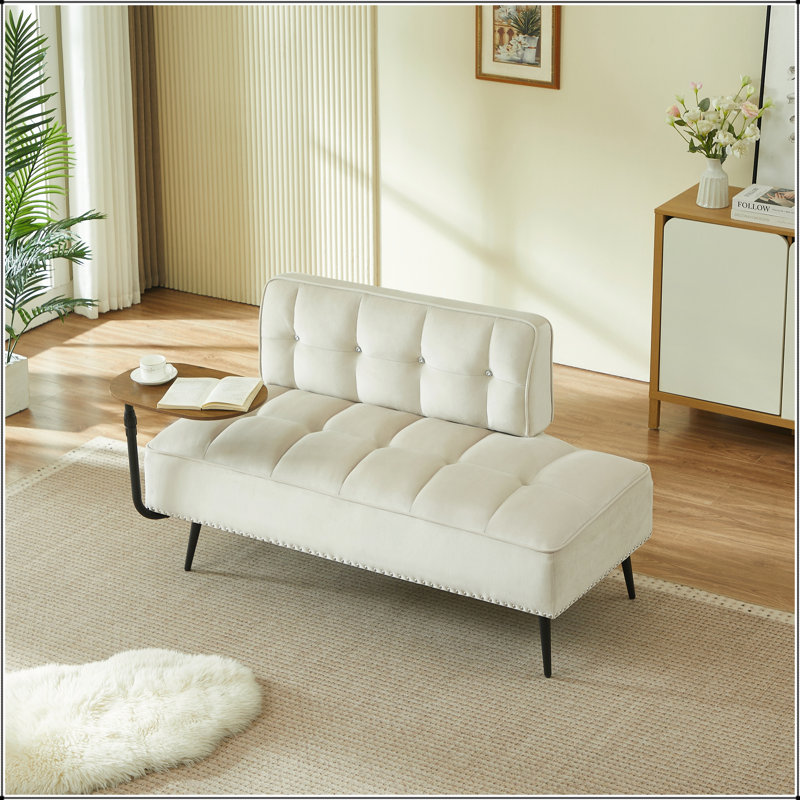 54-Inch Modern Two-Seater Velvet Sofa with 360° Rotating Side Table and Plush Cushions for Versatile Use in Any Room, Beige