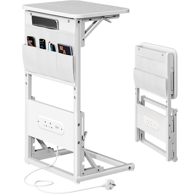 Folding Side Table with Charging Station, C-Shaped End Table with Storage Pockets,Scratch-resistant and Waterproof Panel.Multi-functional Nightstand for Sofa Bed Side, Easy to Store, White/Black/Brown/Grey