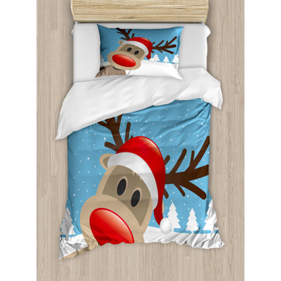 Ambesonne Christmas Duvet Cover Set, Reindeer Rudolph Hat, Twin, Pale Blue Red Pale Brown -  nev_39740_twin