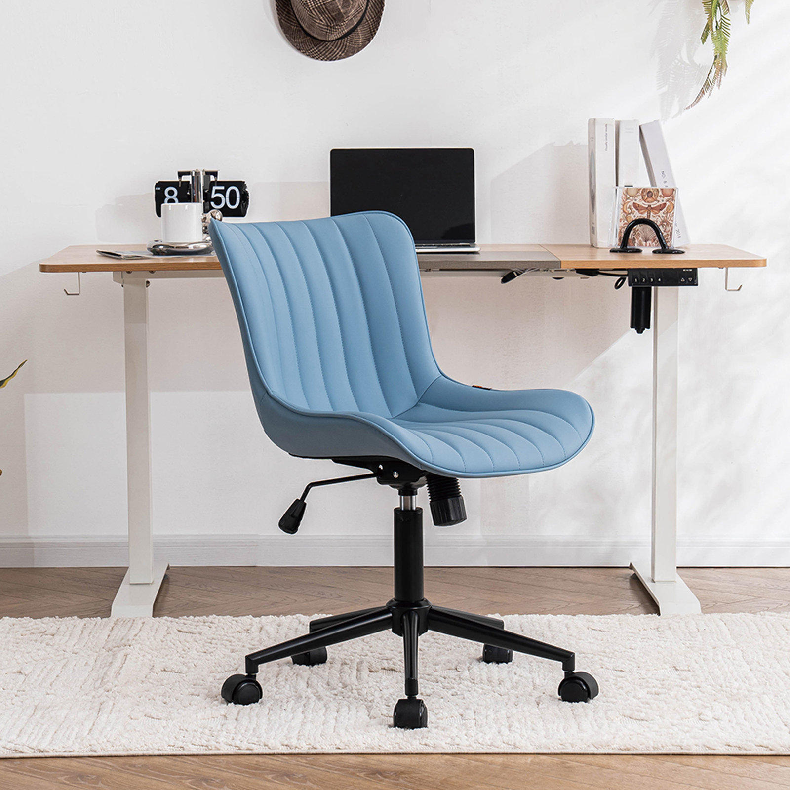 Brionni Leather Swivel Task Chair with Casters, Blue Seat/ Black Frame