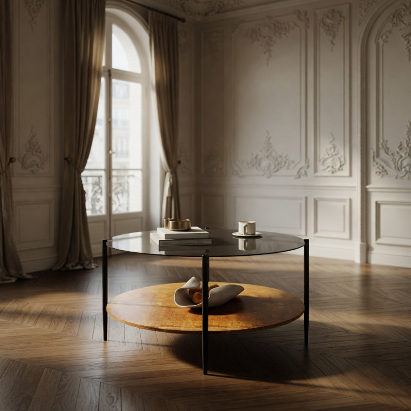 Table basse de style Mid-Century moderne avec plateau en verre + tablette de rangement en bois, structure en métal noir, conception ronde, peu encombrante, 32,28 pouces, table basse moderne de style Mid-Century noir transparent avec plateau en verre + l