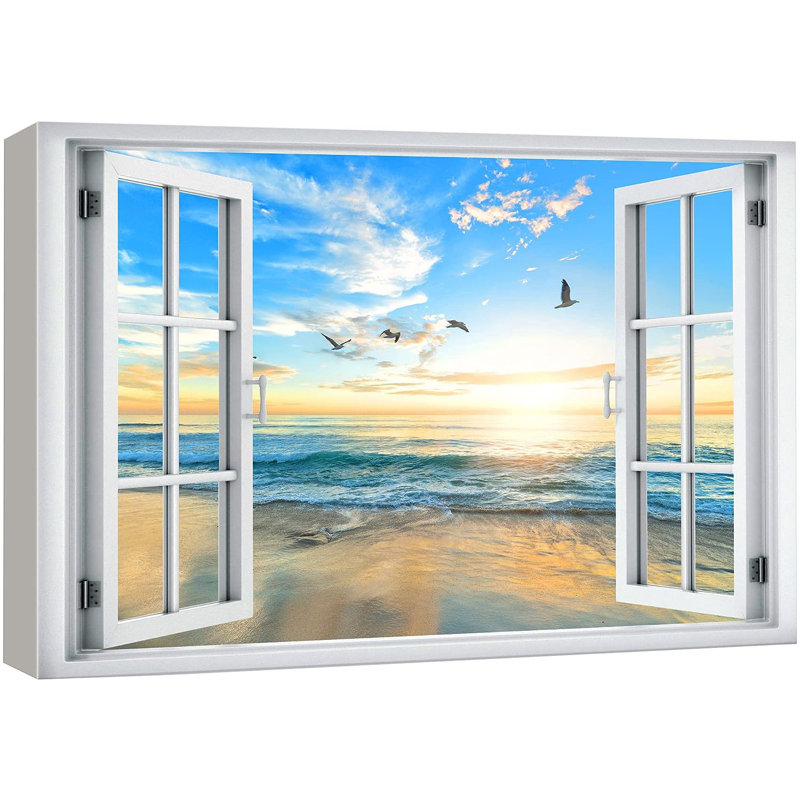 «Birds Flying Sunset Ocean Beach Horizon Wilderness Nature», reproduction sur toile, H 32 po x l 48 po x P 1,5 po