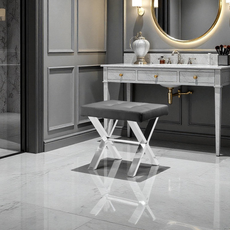 Tabouret Pangea Home Modern Beverly - Siège rembourré en similicuir avec base en acier poli - Cuir noir, Similicuir noir
