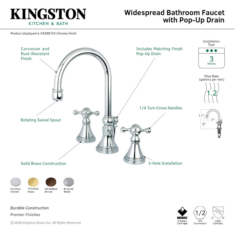 Kingston Brass Governor Two-Handle 3-Hole Deck Mount Widespread Bathroom Faucet with Brass Pop-Up Drain, Polished Brass