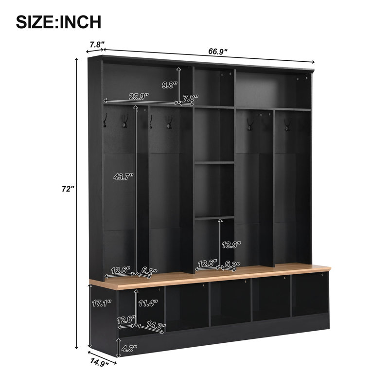 Hall Tree With Storage Bench - Minimalist Shoe Cabinet With Cubby Compartments And Shelves, Black