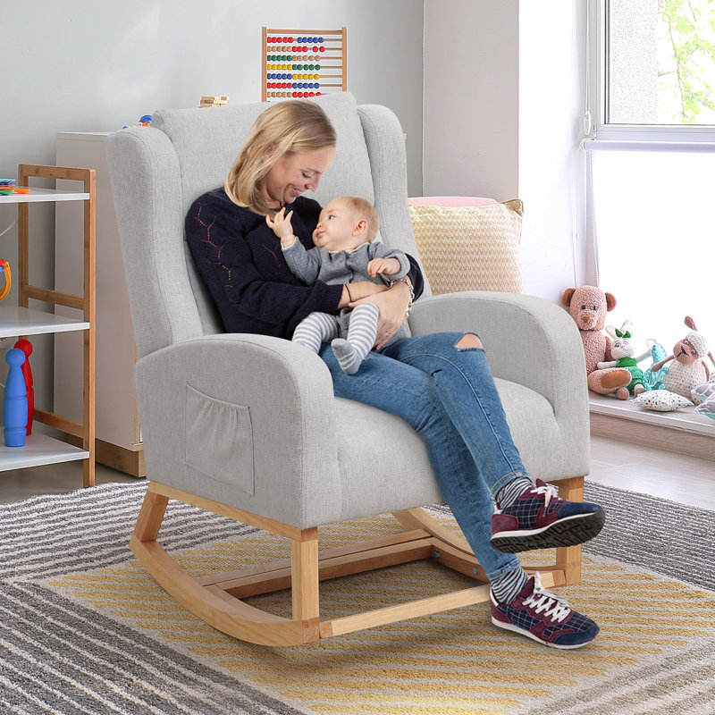 Chaise berçante de 27,3 po de largeur avec pieds et repose-pieds en bois massif, Mélange de lin gris