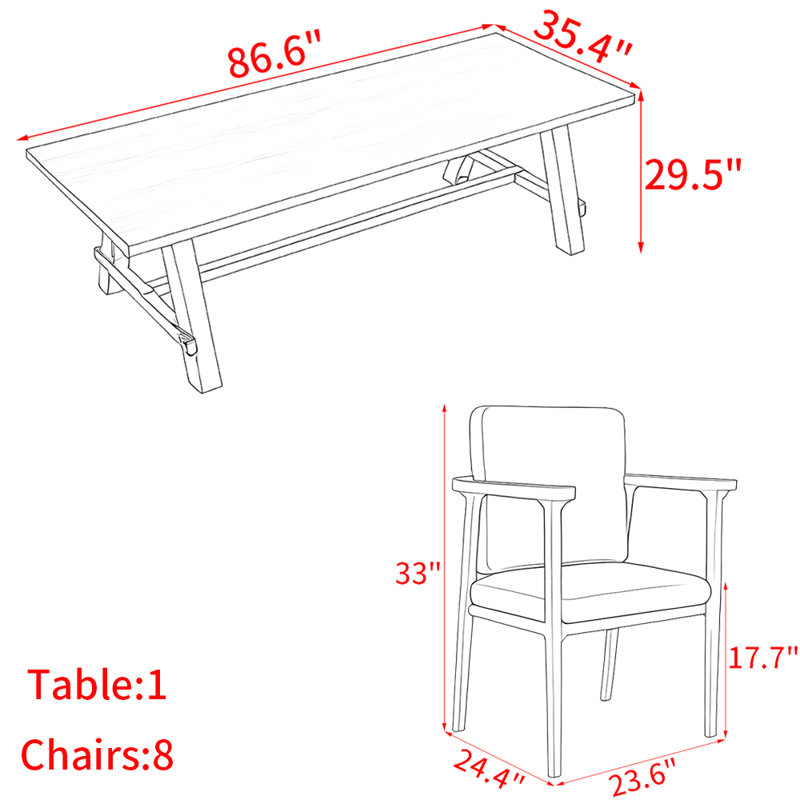 Ensemble de table de salle à manger en bois massif de style japonais, H 29,5 po x L 86,6 po x l 35,4 po