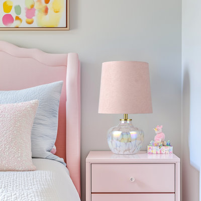 Muhedin 15'' Kids Table Lamp – Pink Glass Nightstand Lamp for Girls Room, Nursery, Bedroom, Cute Small Accent Lamp with Velvet Shade, Perfect Gift for Daughter & Granddaughter