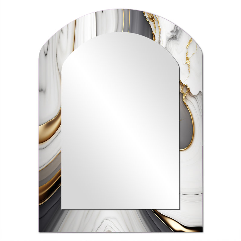Abstract Geode Marble Waves Grey I - Abstract Arch Large Wall Mirror, Grey Asymmetrical Decorative Mirror, Printed Metal Art
