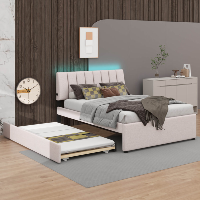 Lit plateforme rembourré Teddy, Beige, Lit double