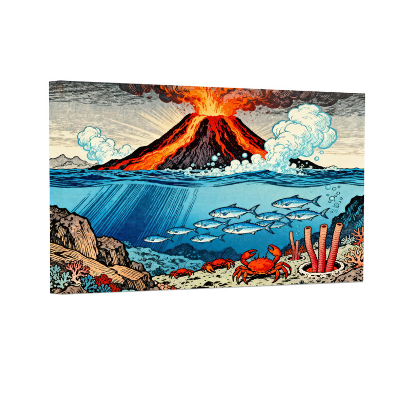 Animals Volcano Ocean Fish Crabs Coral Reef Underwater Scene, 12" H x 18" W