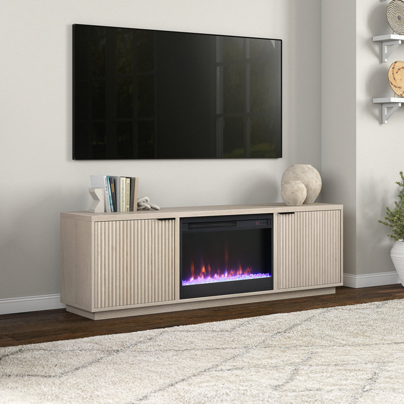 Mansfield Rectangular Fluted TV Stand with 26" Crystal Fireplace for TV's up to 78" in Alder White, White Wood