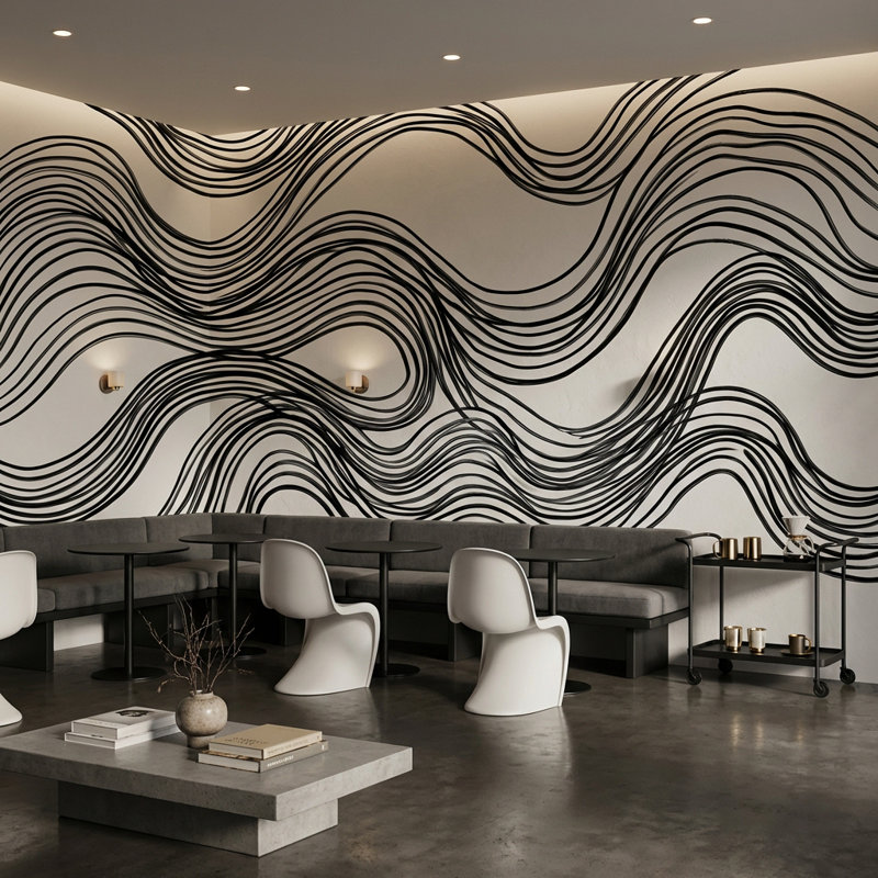 Wave Pattern Wallpaper Black Lines Minimalist Wall Mural, Non-Woven Nonpasted, 160"x108"