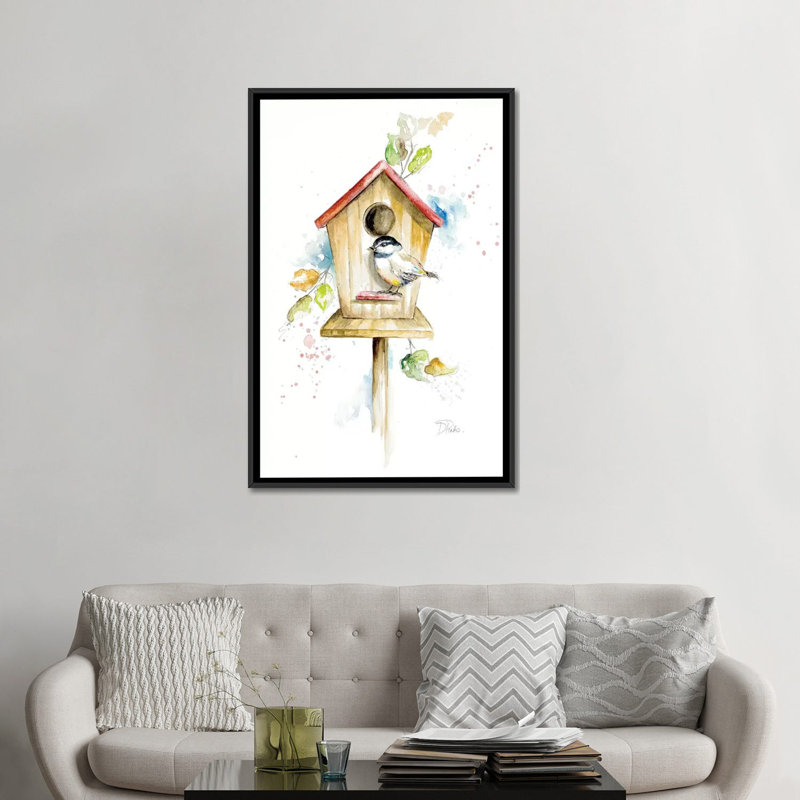 « Bird House II » par Patricia Pinto-impression, H 48 po x l 32 po x P 1,5 po, Toile avec cadre noir, Pas de tapis