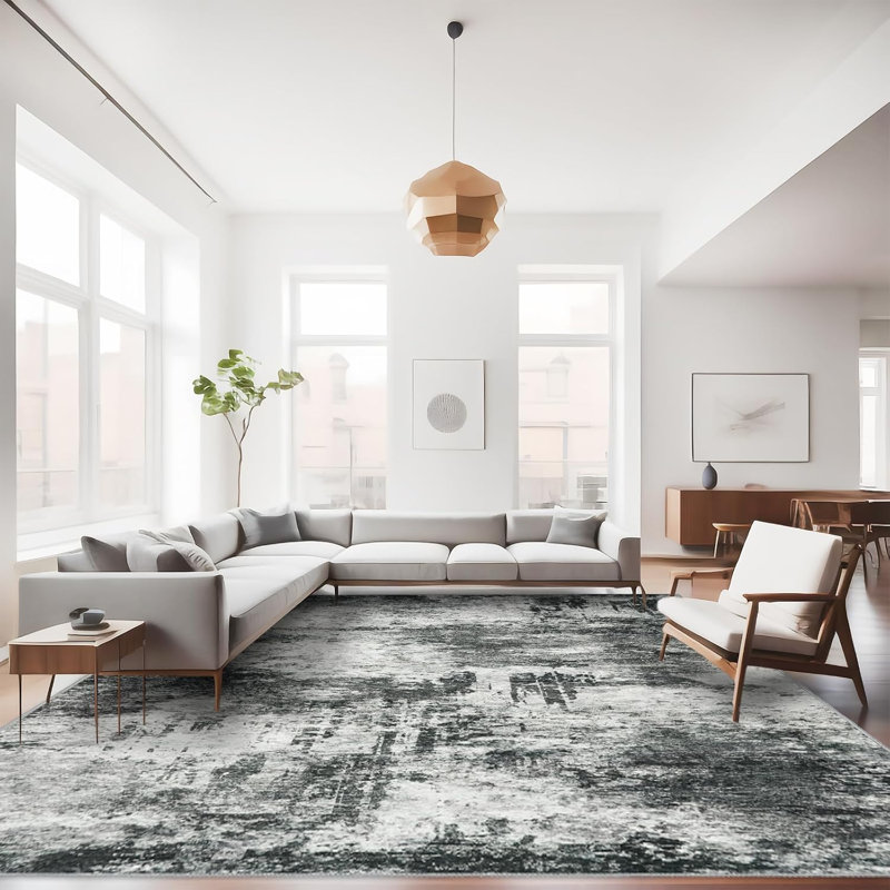 Washable Abstract Area Rug - Large Living Room Area Rugs Modern Stain Resistant Indoor mat for Bedroom Dining Room Non Slip Rubber Backing Thin Super Soft Room Decor Floor Carpet Black A
