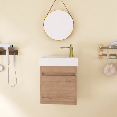 Ensemble de meuble-lavabo simple 18 po Argylle, meuble-lavabo mural avec plateau en résine blanche, meuble-lavabo flottant avec porte à fermeture en douceur, meuble-lavabo simple avec plateau