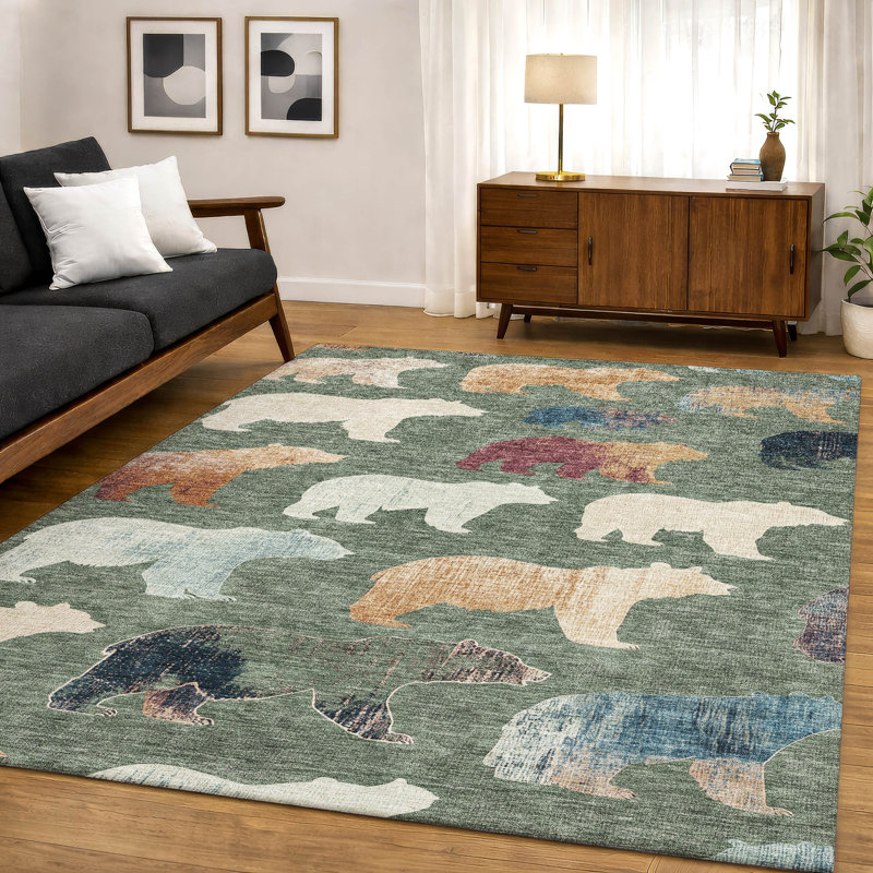 Premium Machine Washable Mayfield AMF2338 Lodge Rug, Green, 10' x 14'
