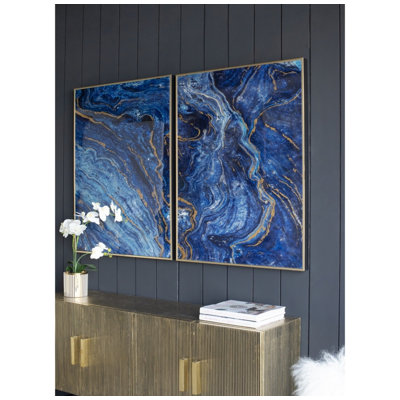 Ensemble de 2 panneaux d'art encadrés bleus et dorés - décoration murale au design marbré unique pour le salon et la chambre à coucher