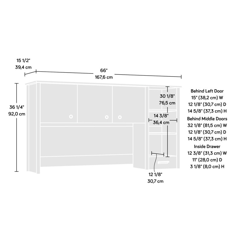 Bureau brun et construction légère, espace de rangement ouvert avec tablettes réglables, portes cachées derrière les tiroirs, tiroirs à extension complète, panneau robuste, tablettes robustes, glissières lisses