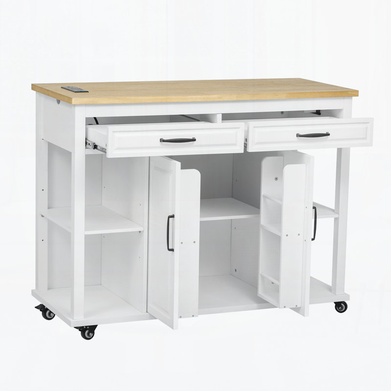 47 Inch Kitchen Island With Extendable Dining Table, Rubber Wood Veneer Kitchen Table With Internal Storage Rack, Power Outlet