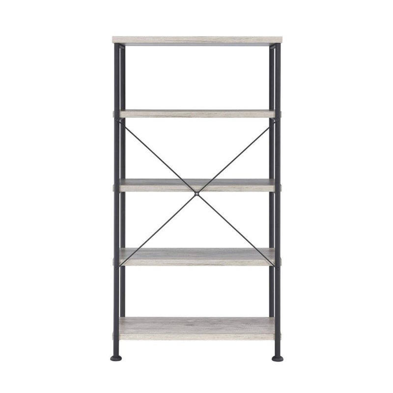 Bibliothèque à 4 tablettes avec structure en métal en bois flotté gris et noir, Gris