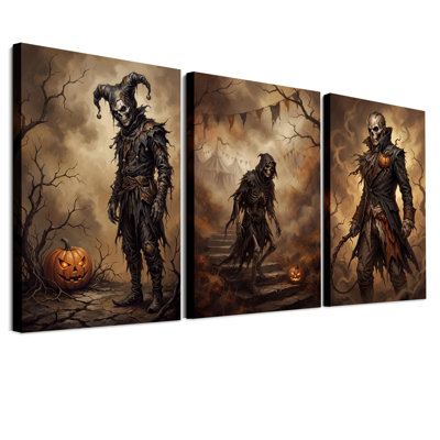 Ensemble de 3 toiles murales d'Halloween représentant des squelettes sombres et des citrouilles.