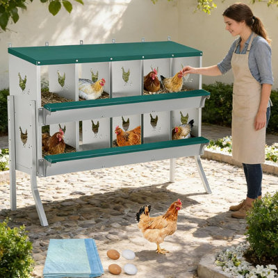 Chicken Nesting Box 10 Compartment with Legs 10 Pet Moisture Pads and 4 Fake Eggs Roll Away Egg Collection