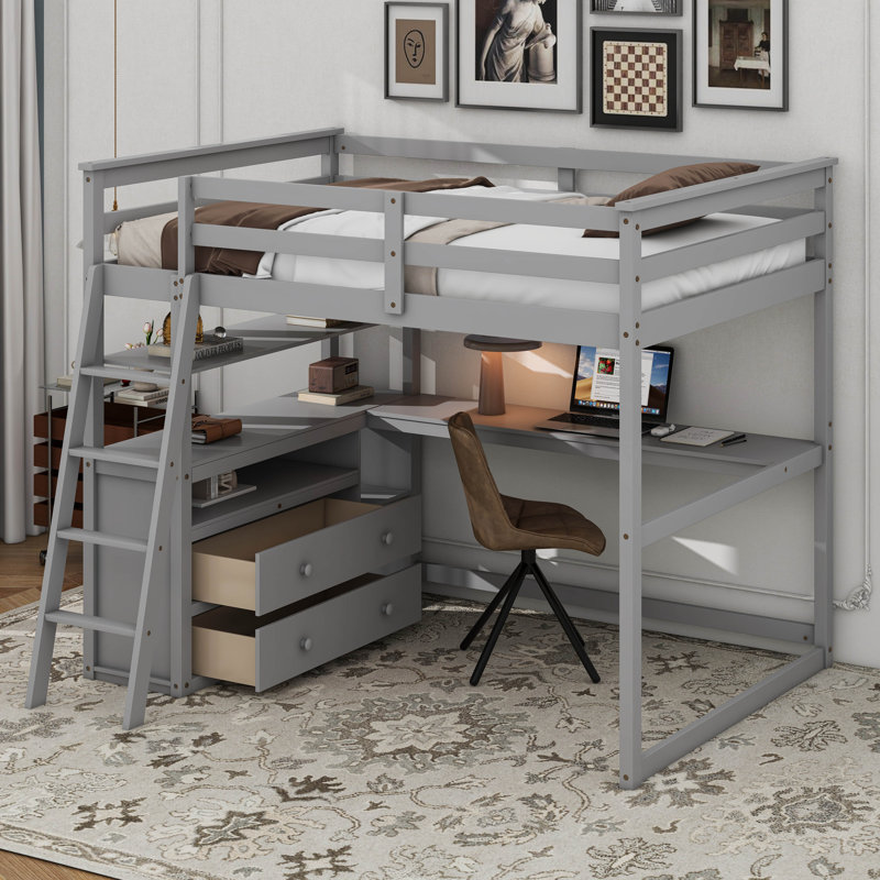 Lit mezzanine double avec bureau et tablettes, deux tiroirs intégrés