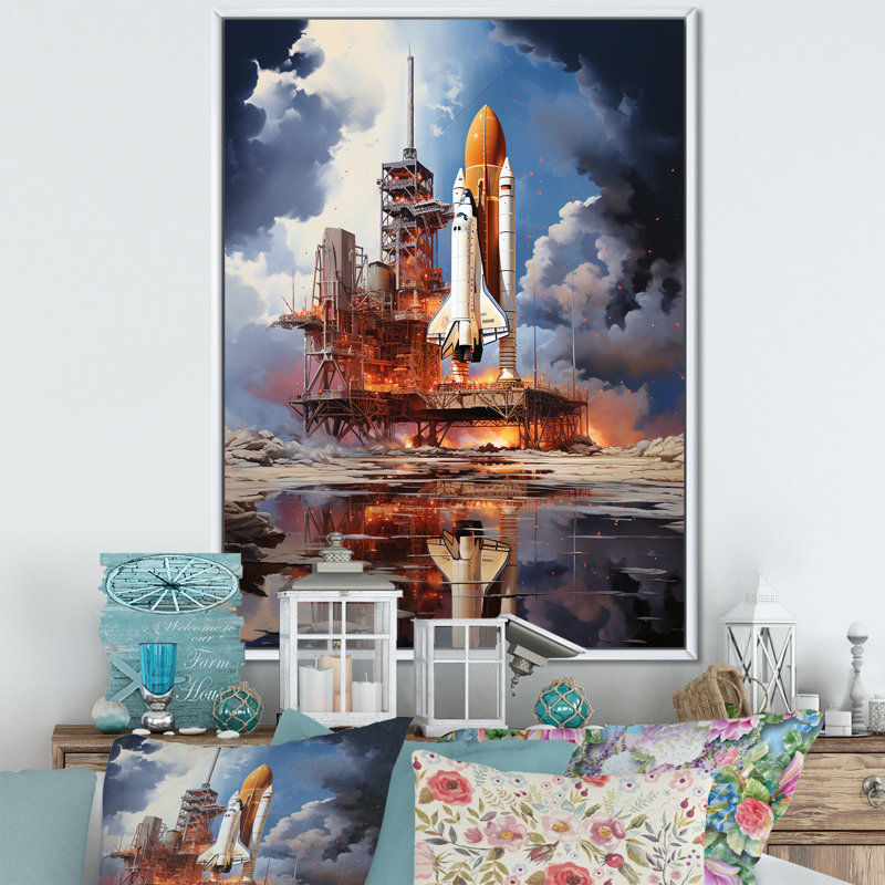 «Rocketship Reflection On Water II», reproduction d'art sur fusée, H 40 po x l 30 po x P 1,5 po, Cadre flottant blanc