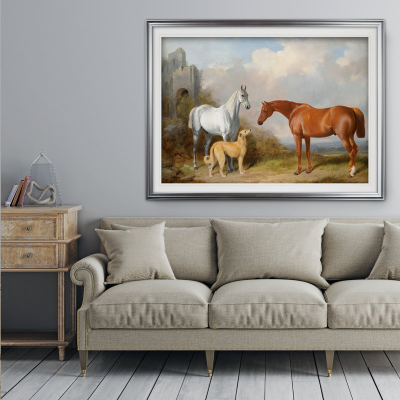 « rétro cheval pastoral », impression de dessin, H 31 po x l 43 po x P 1,5 po, Cadre argenté