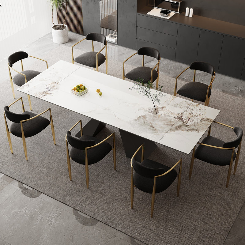 9-Piece 110.23" W Extendable Sintered Stone Dining Set, Chanel, Black/Gold