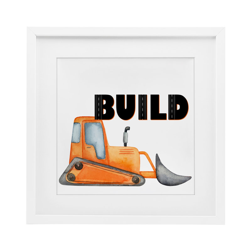 «Build with Orange Bulldozer», reproduction d'art sous verre, conception de Kim Allen, H 13 po x l 13 po, Cadre blanc côtier