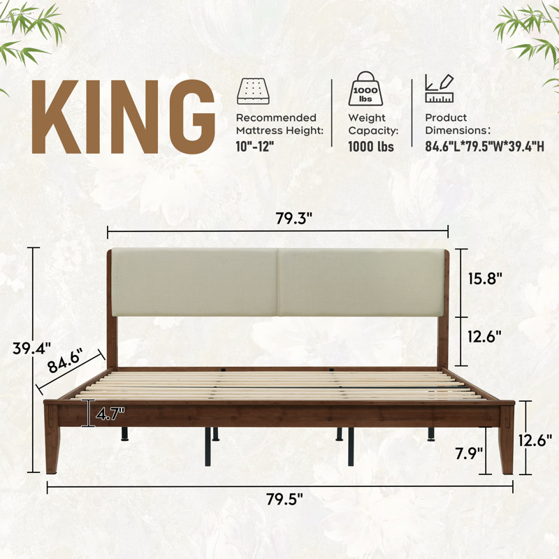 Natural Bamboo Mortise-and-tenon Upholstered Bed, Walnut, King