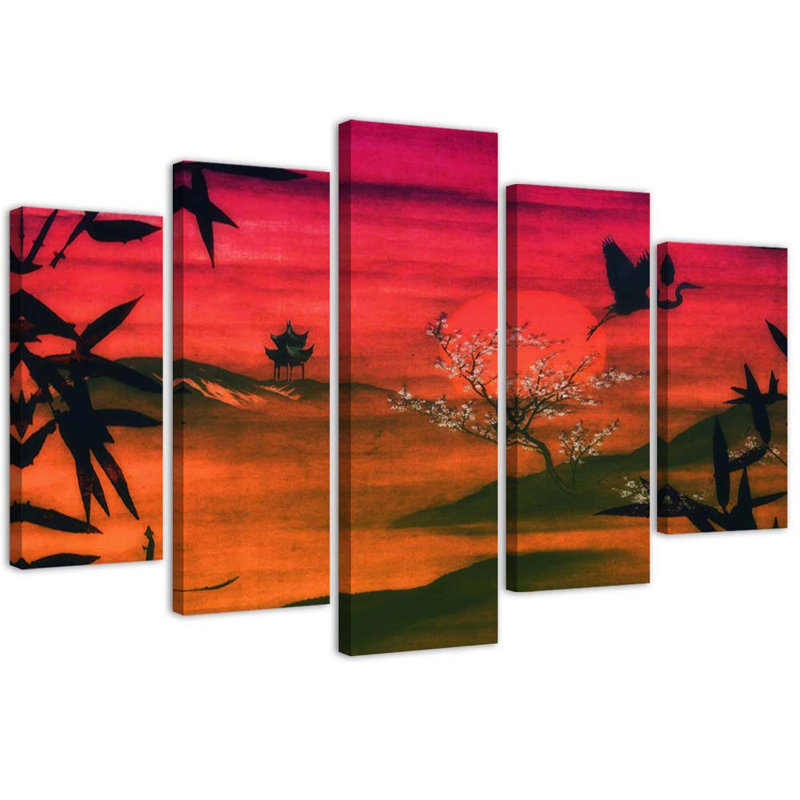 Japanese Red Landscape - 5 Piece No Frame Print on Canvas
