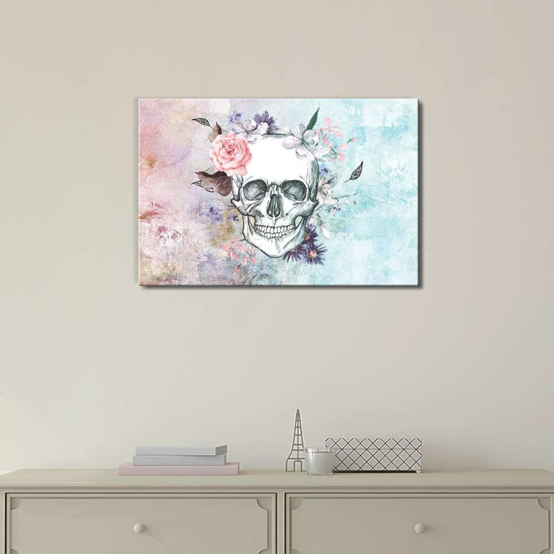 Crâne esquissé avec une couronne de fleurs sur un imprimé rétro sur toile, H 24 po x l 36 po x P 1,5 po