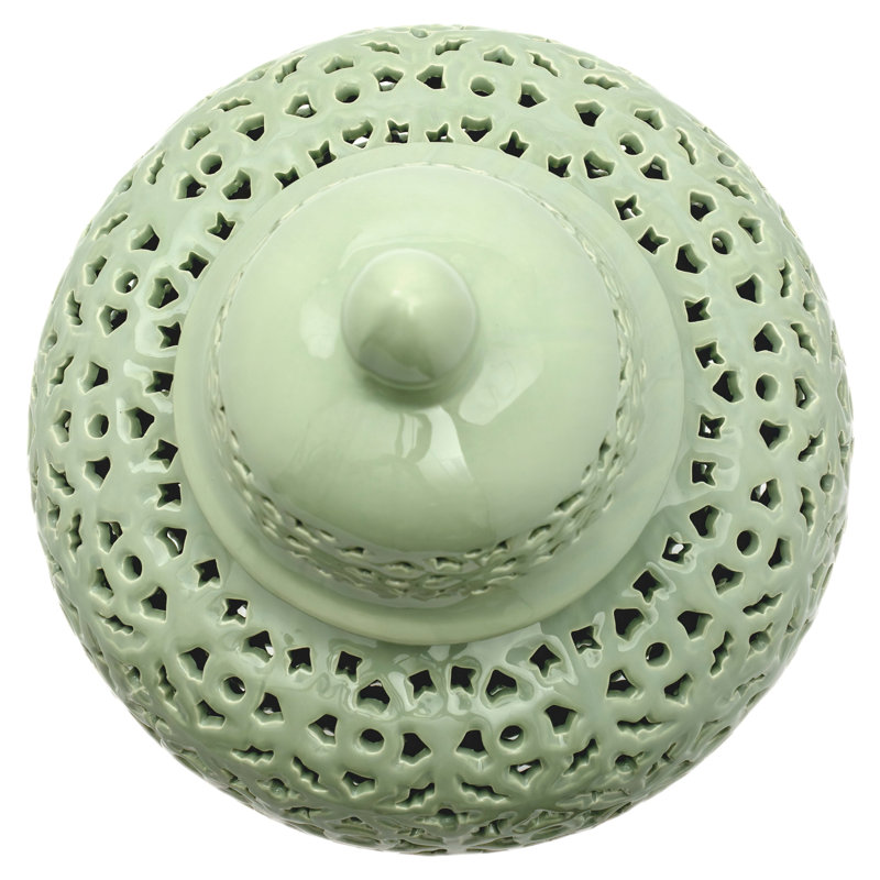 25" Carved Temple Jar - Celadon, Green
