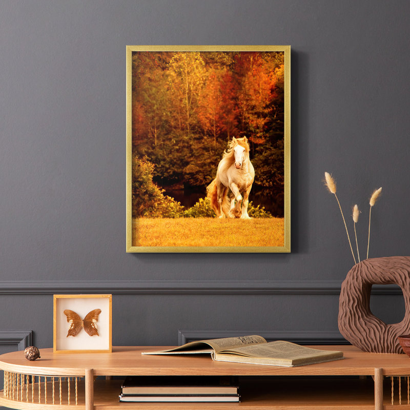 Impression encadrée cheval en mouvement - bois massif, H 10 po x l 8 po