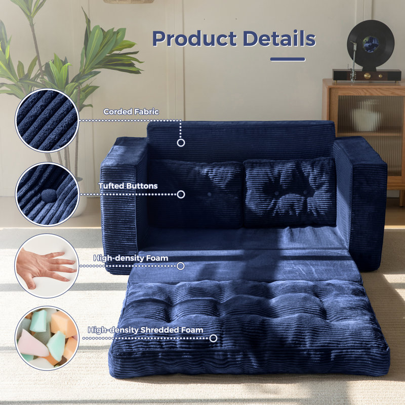 Canapé Bean Bag, Velours côtelé bleu marine, H 29,5 po x l 55,5 po x P 32 po
